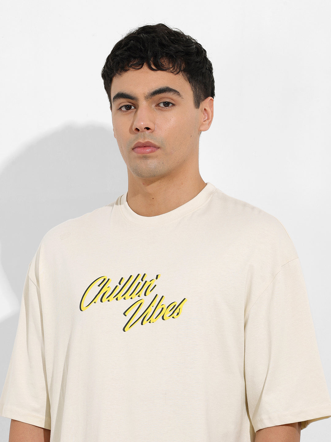 Men's Beige Oversized Graphic Back Printed Round Neck T-shirt