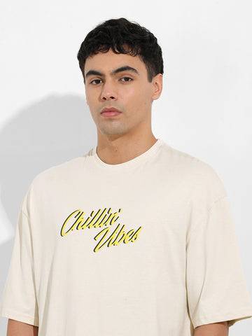 Men's Beige Oversized Graphic Back Printed Round Neck T-shirt