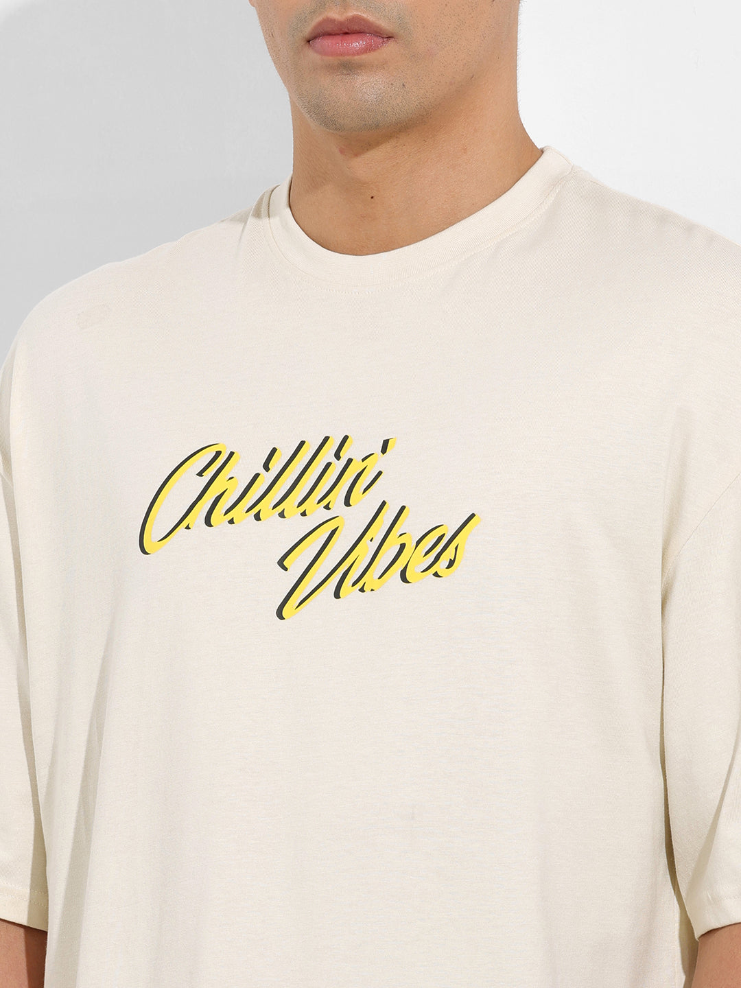 Men's Beige Oversized Graphic Back Printed Round Neck T-shirt