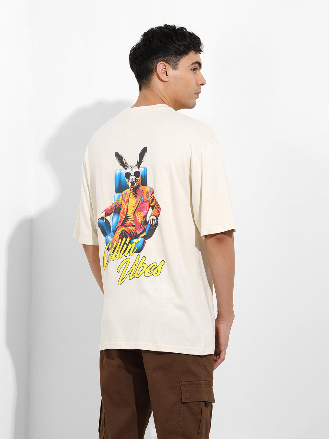 Men's Beige Oversized Graphic Back Printed Round Neck T-shirt