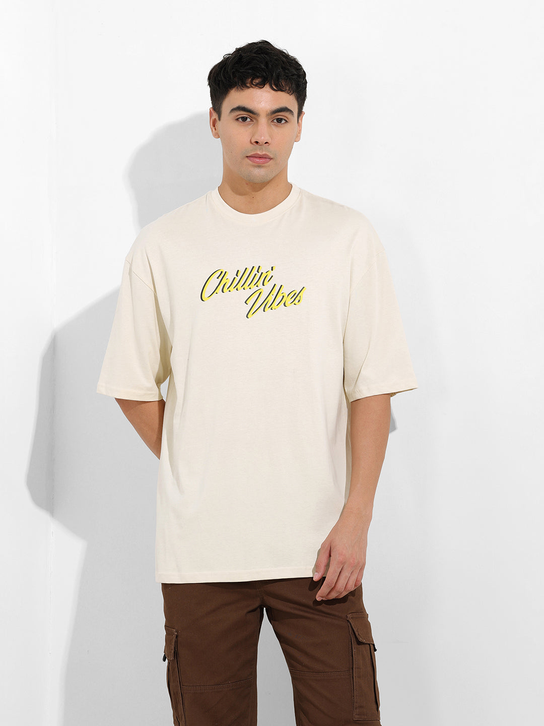 Men's Beige Oversized Graphic Back Printed Round Neck T-shirt