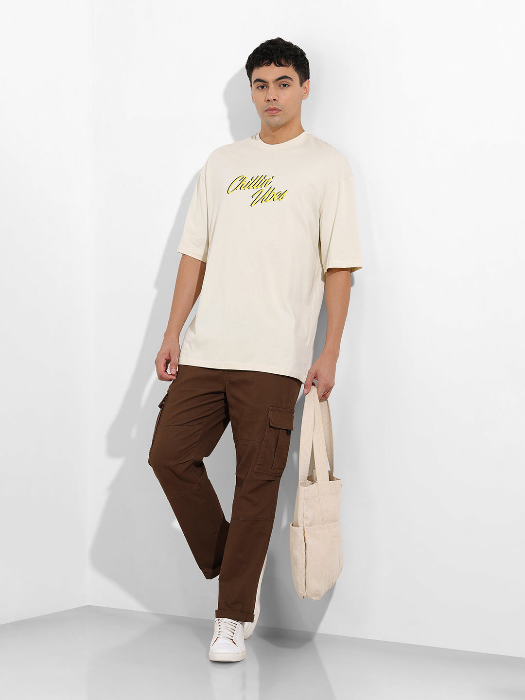 Men's Beige Oversized Graphic Back Printed Round Neck T-shirt