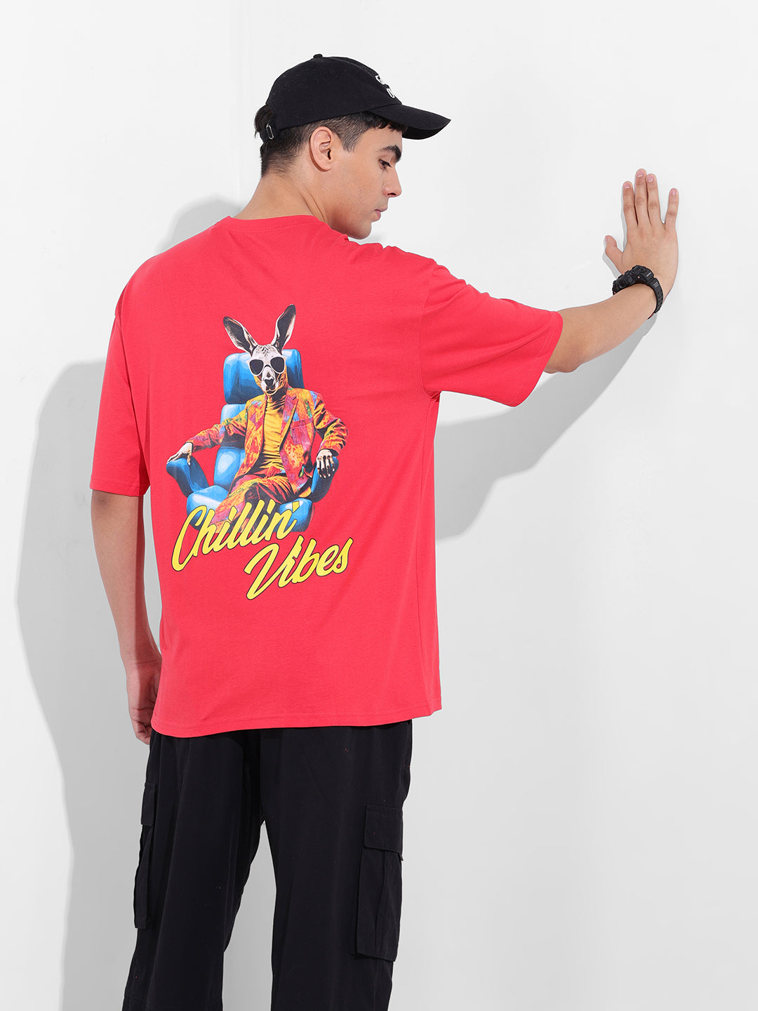 Men's Red Oversized Graphic Back Printed Round Neck T-shirt