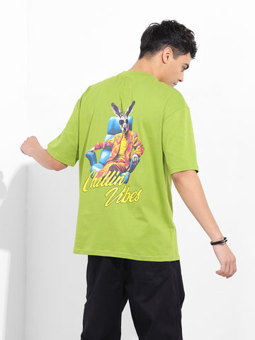 Men's Green Oversized Graphic Back Printed Round Neck T-shirt