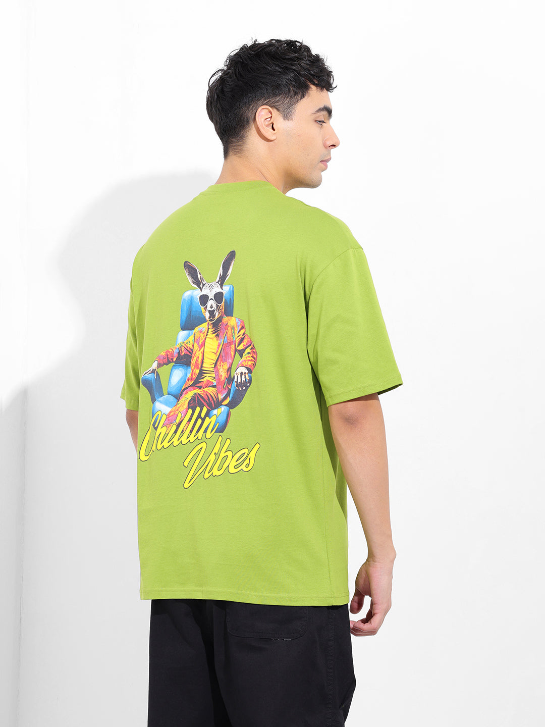 Men's Green Oversized Graphic Back Printed Round Neck T-shirt
