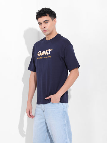 Men's Navy Boxy Oversized Graphic Back Printed Round Neck T-shirt