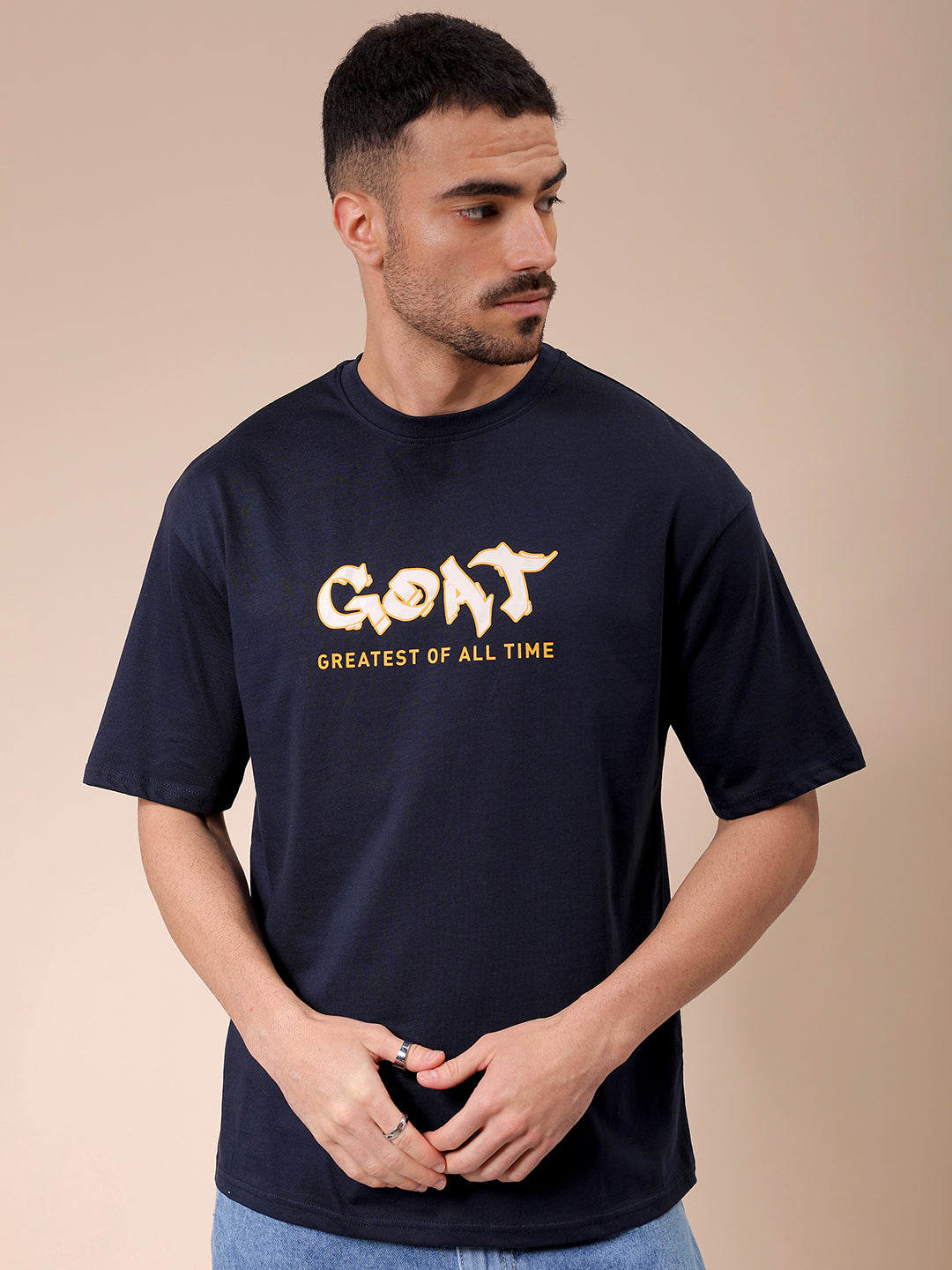 Men's Navy Blue Oversized Graphic Back Printed T-Shirt