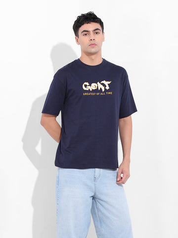 Men's Navy Boxy Oversized Graphic Back Printed Round Neck T-shirt