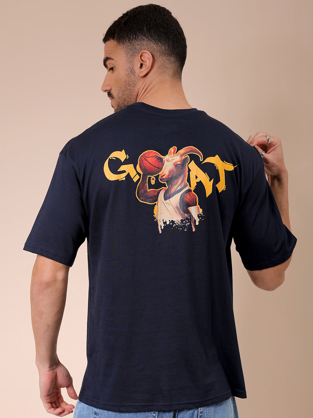 Men's Navy Blue Oversized Graphic Back Printed T-Shirt