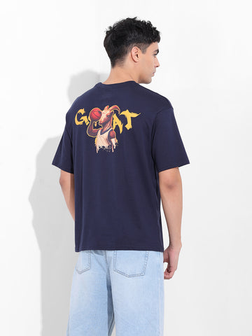 Men's Navy Boxy Oversized Graphic Back Printed Round Neck T-shirt
