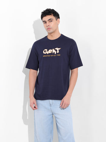 Men's Navy Boxy Oversized Graphic Back Printed Round Neck T-shirt