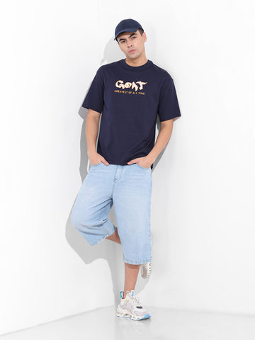Men's Navy Boxy Oversized Graphic Back Printed Round Neck T-shirt