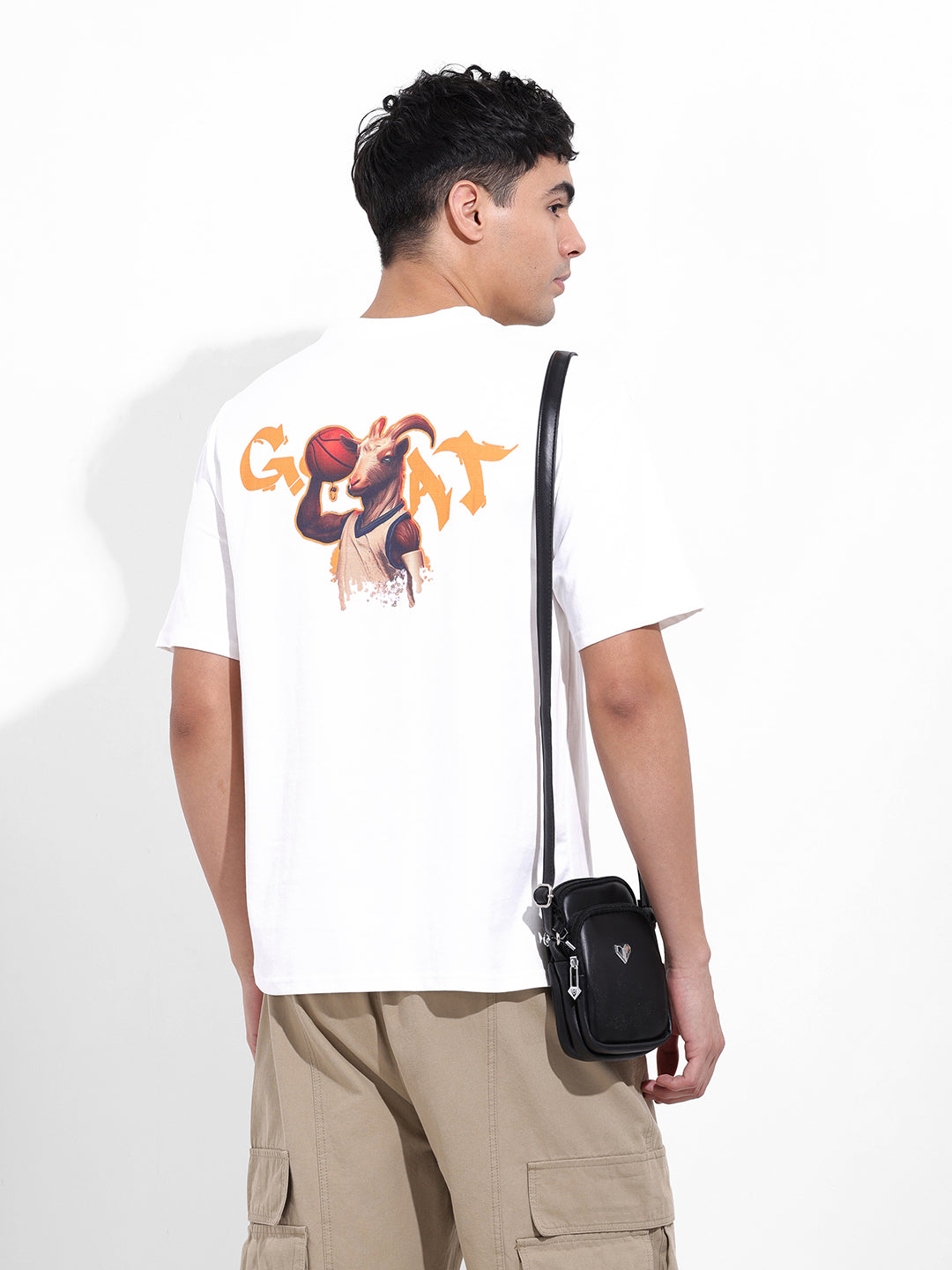 Men's White Boxy Oversized Graphic Back Printed Round Neck T-shirt