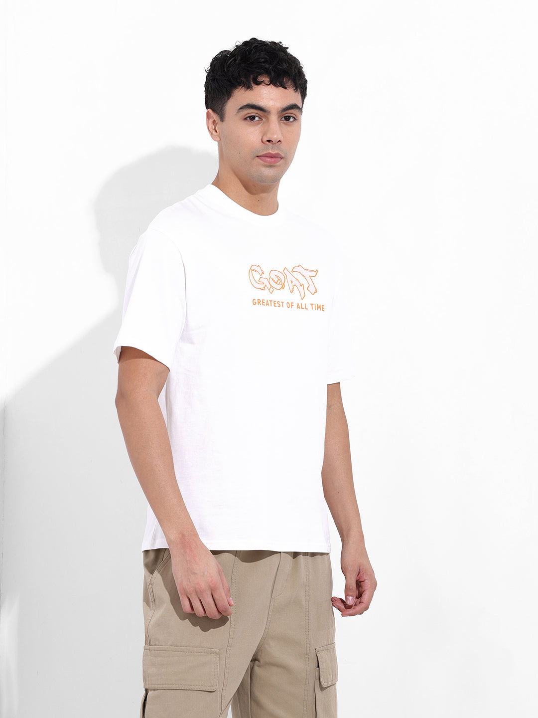 Men's White Boxy Oversized Graphic Back Printed Round Neck T-shirt