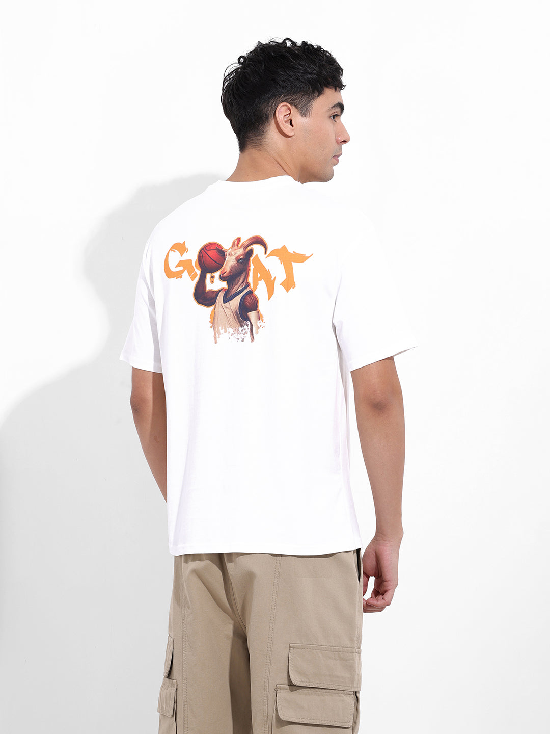 Men's White Boxy Oversized Graphic Back Printed Round Neck T-shirt