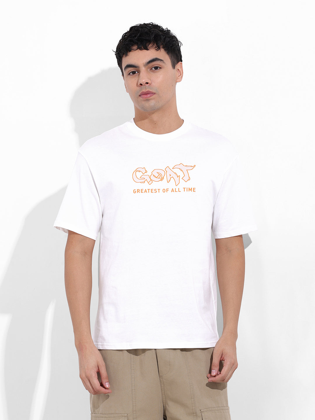 Men's White Boxy Oversized Graphic Back Printed Round Neck T-shirt