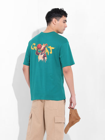 Men's Green Boxy Oversized Graphic Back Printed Round Neck T-shirt
