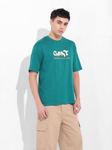 Men's Green Boxy Oversized Graphic Back Printed Round Neck T-shirt