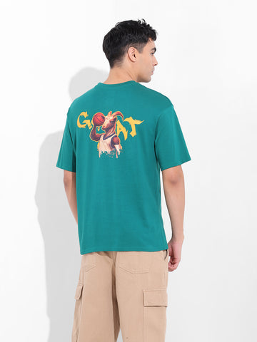 Men's Green Boxy Oversized Graphic Back Printed Round Neck T-shirt
