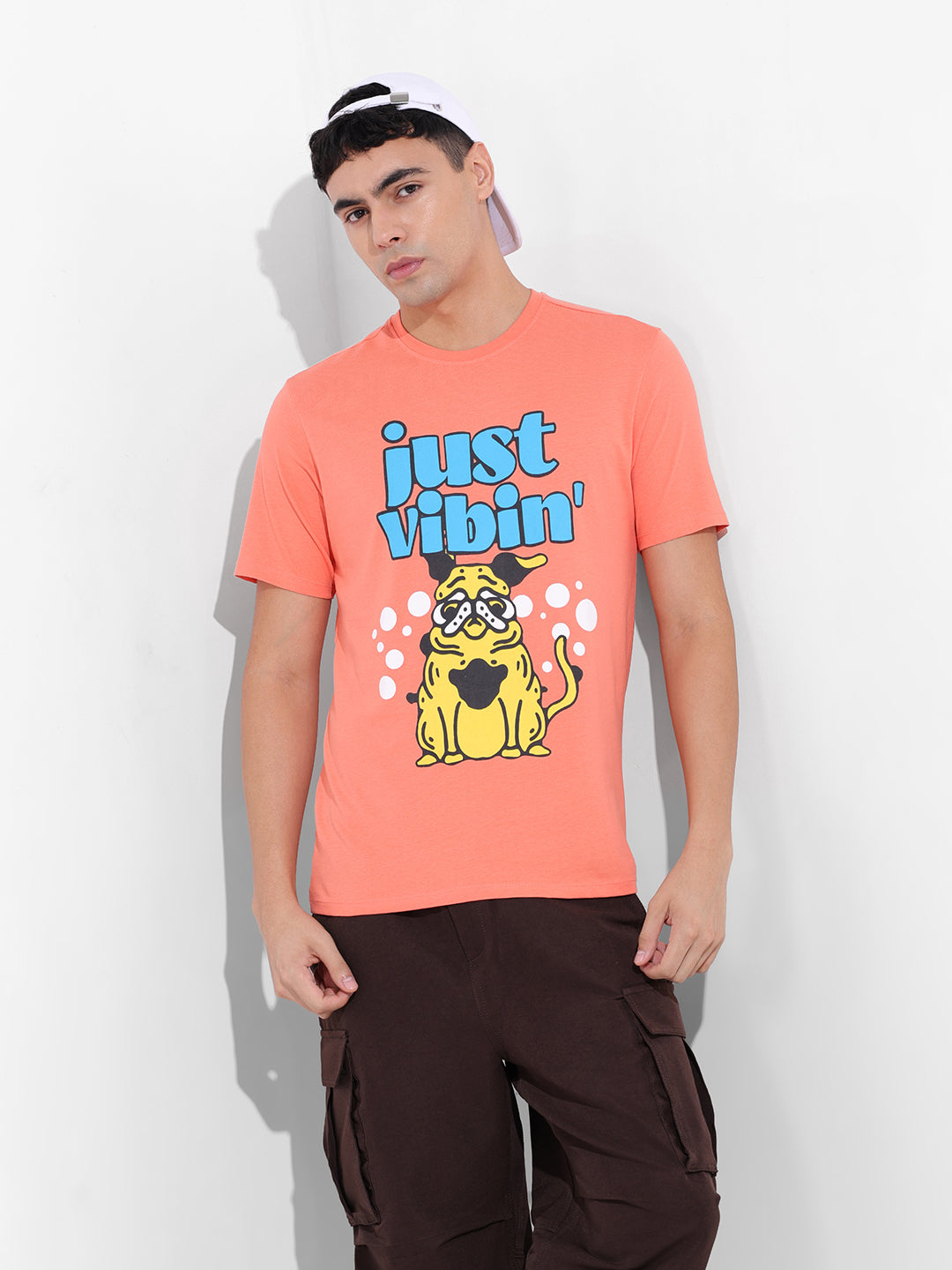 Men's Orange Slim Fit Placement Print Round Neck T-shirt