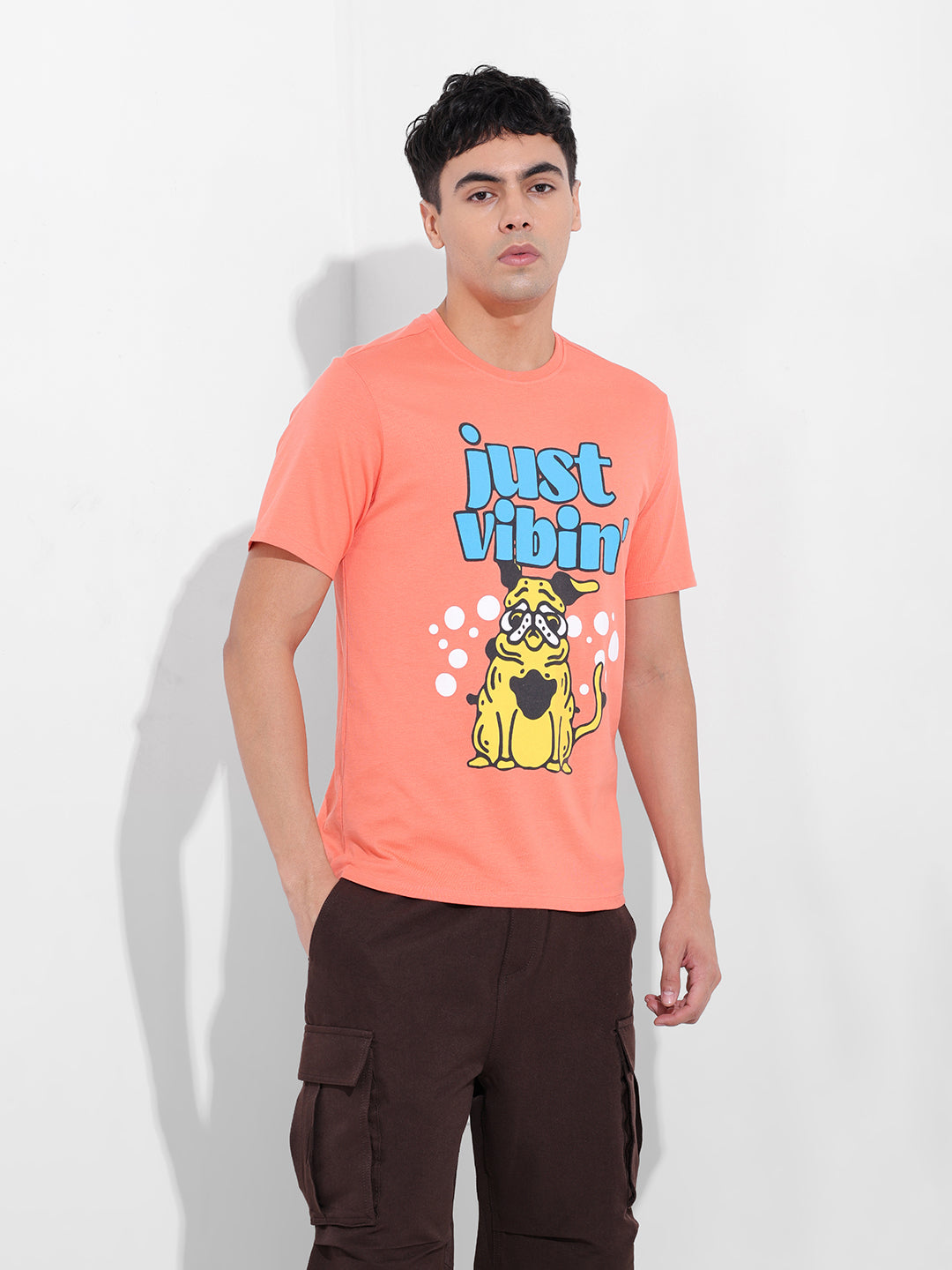 Men's Orange Slim Fit Placement Print Round Neck T-shirt