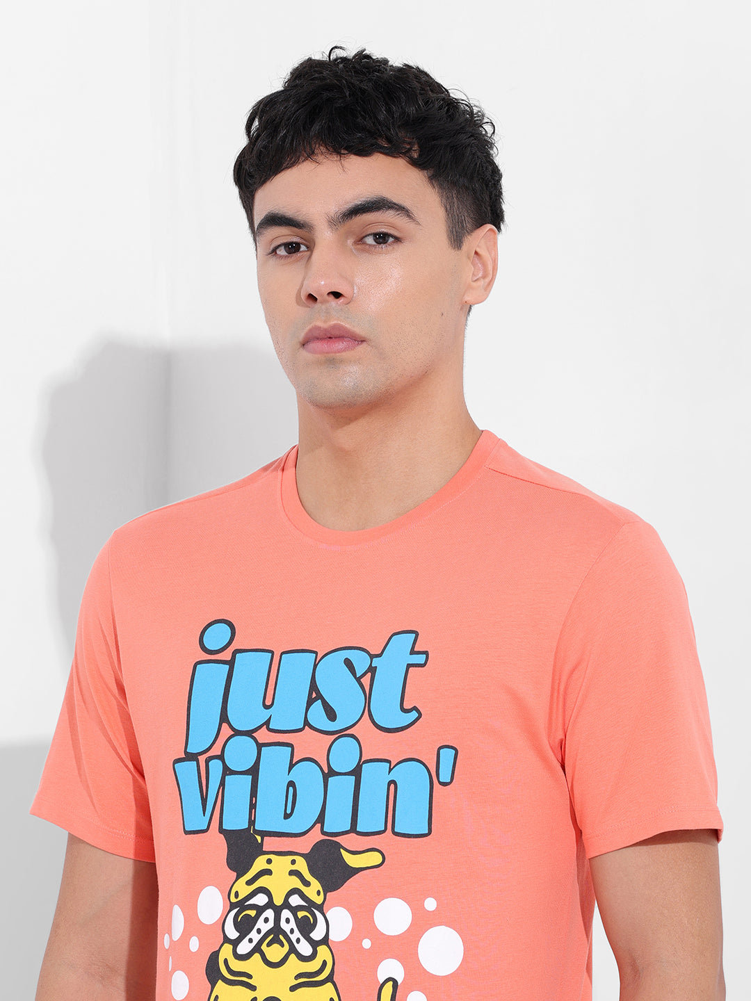 Men's Orange Slim Fit Placement Print Round Neck T-shirt