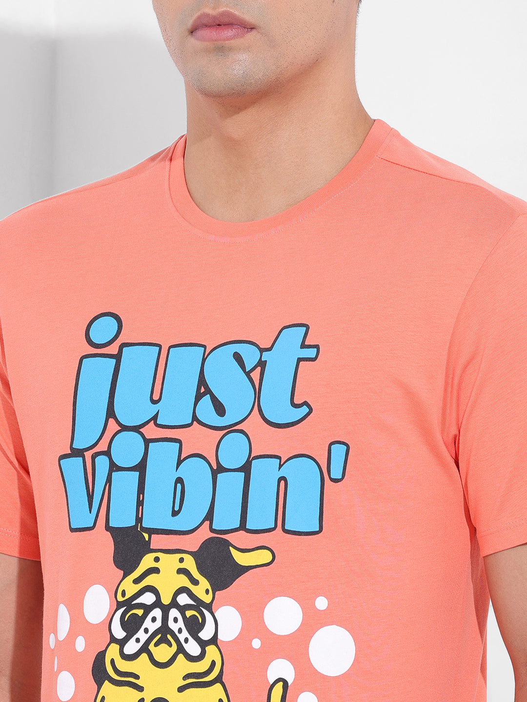 Men's Orange Slim Fit Placement Print Round Neck T-shirt
