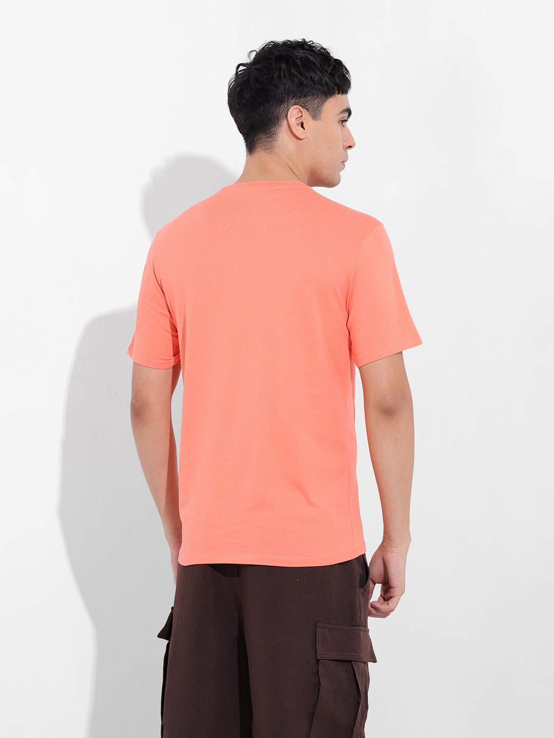 Men's Orange Slim Fit Placement Print Round Neck T-shirt