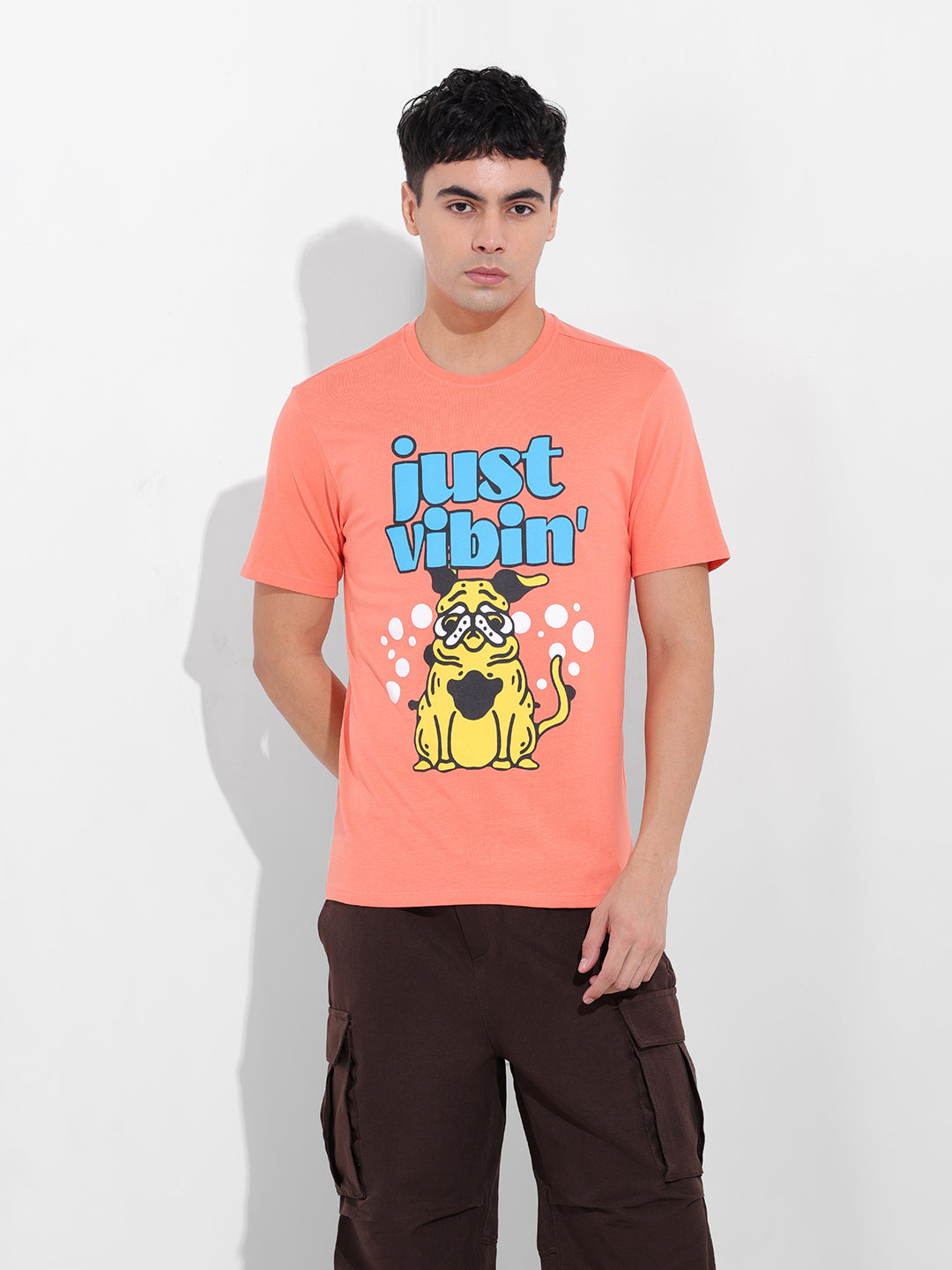 Men's Orange Slim Fit Placement Print Round Neck T-shirt