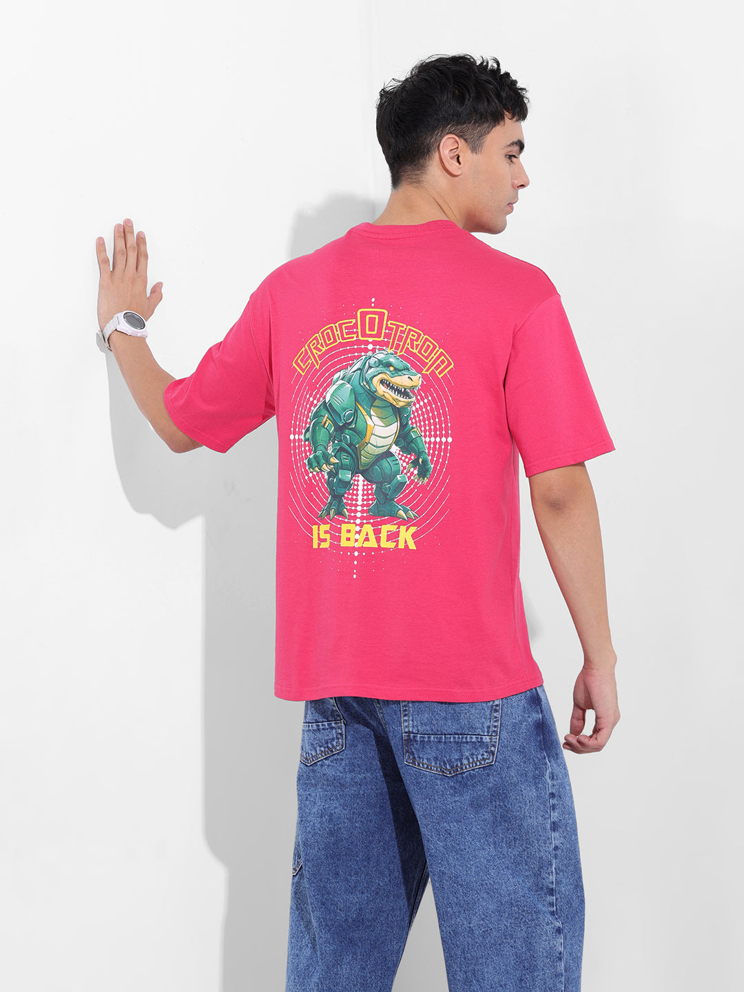 Men's Pink Boxy Oversized Graphic Back Printed Round Neck T-shirt