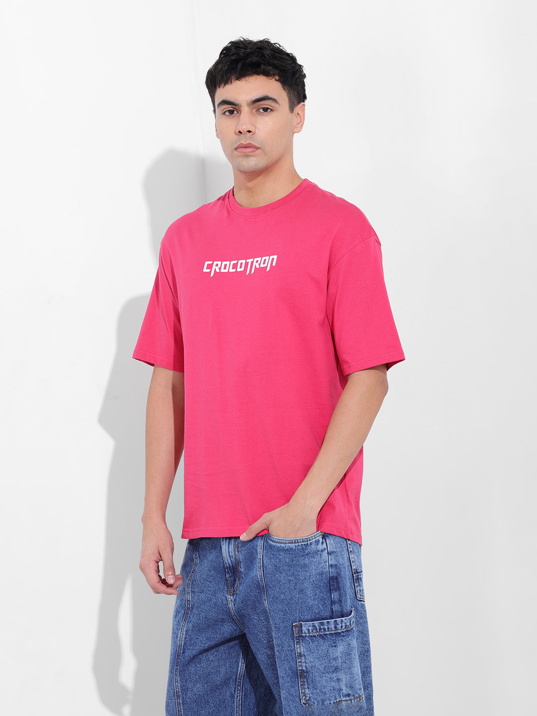 Men's Pink Boxy Oversized Graphic Back Printed Round Neck T-shirt