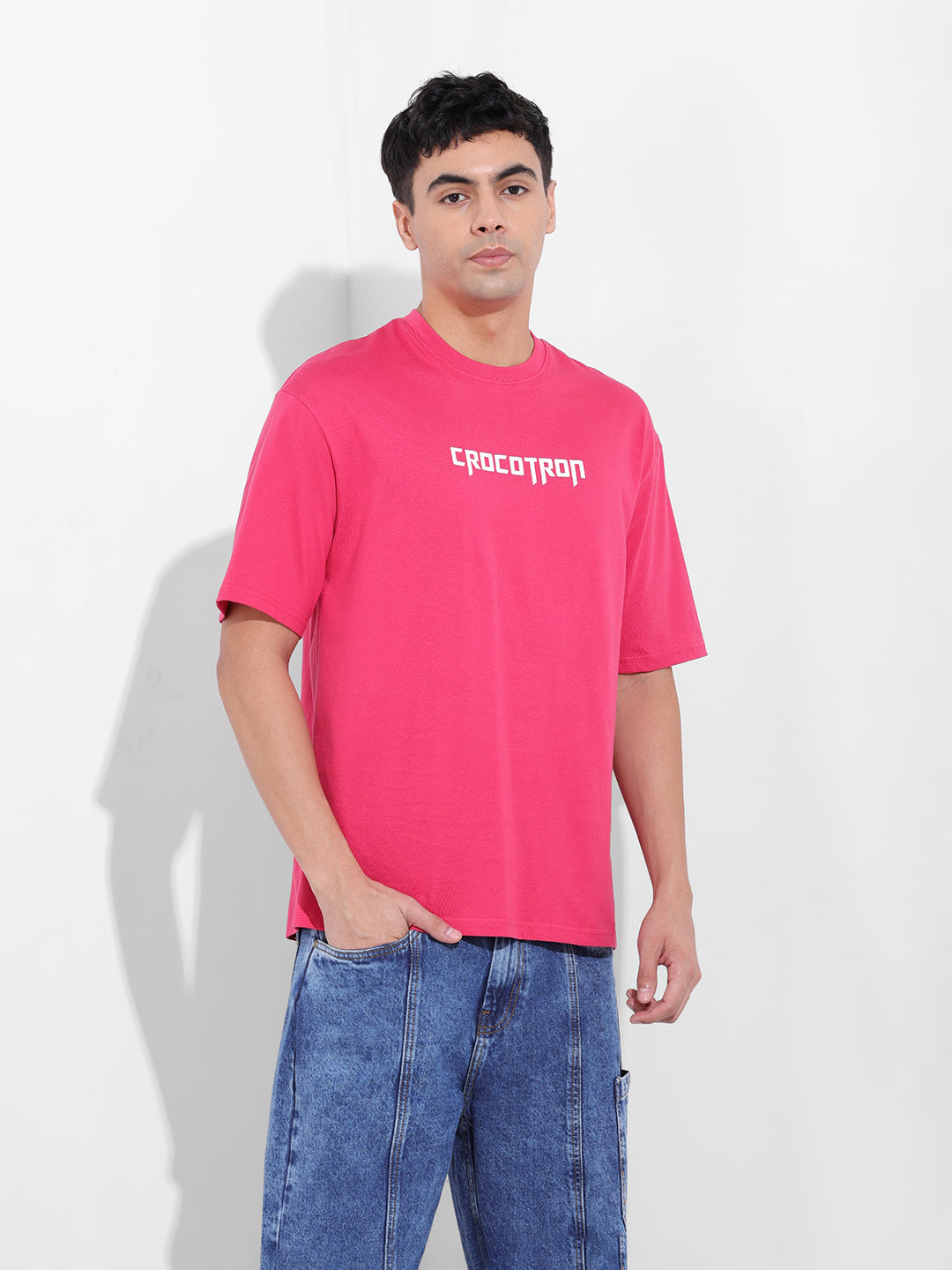 Men's Pink Boxy Oversized Graphic Back Printed Round Neck T-shirt