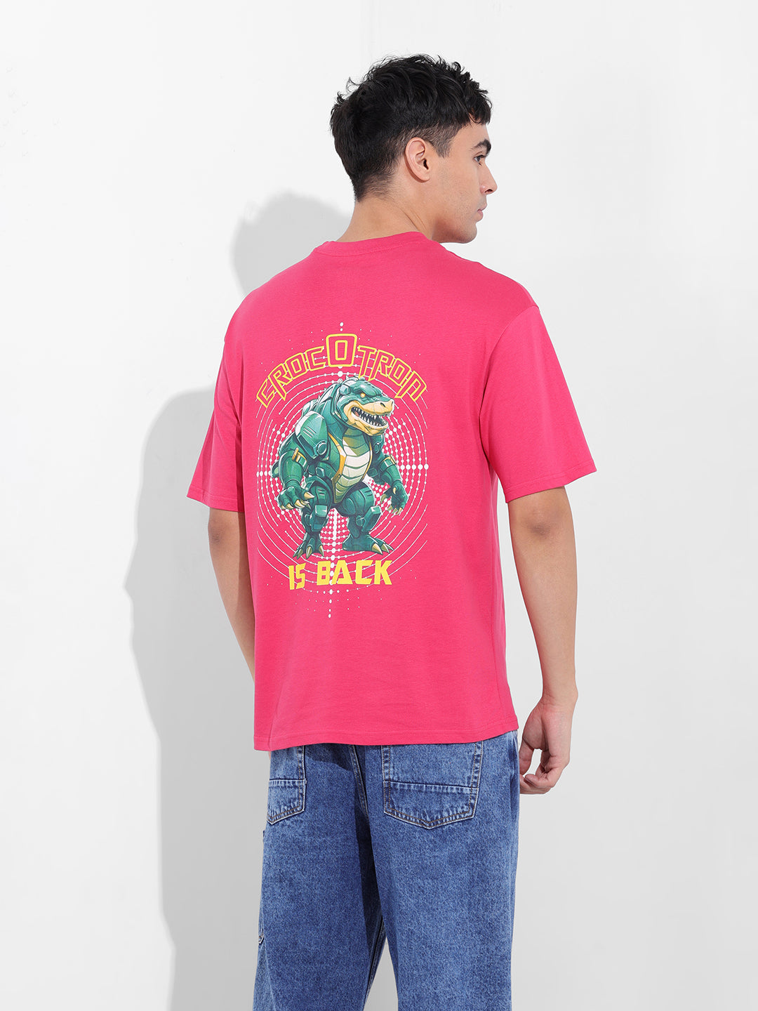 Men's Pink Boxy Oversized Graphic Back Printed Round Neck T-shirt