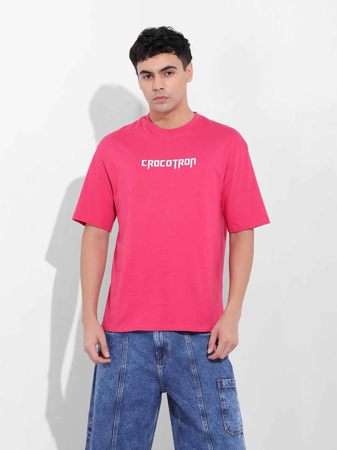 Men's Pink Boxy Oversized Graphic Back Printed Round Neck T-shirt