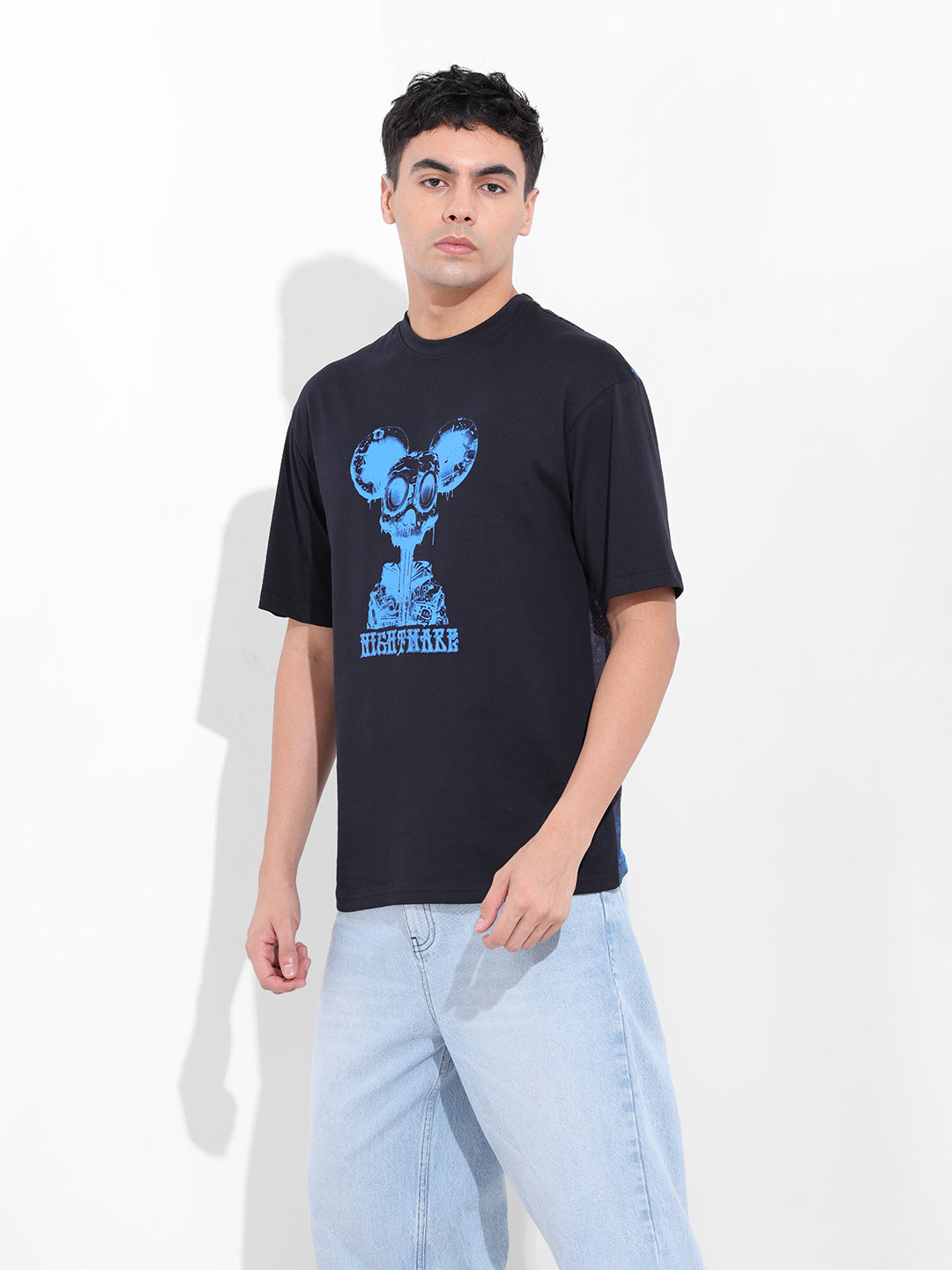 Men's Black Boxy Oversized Graphic Back Printed Round Neck T-shirt