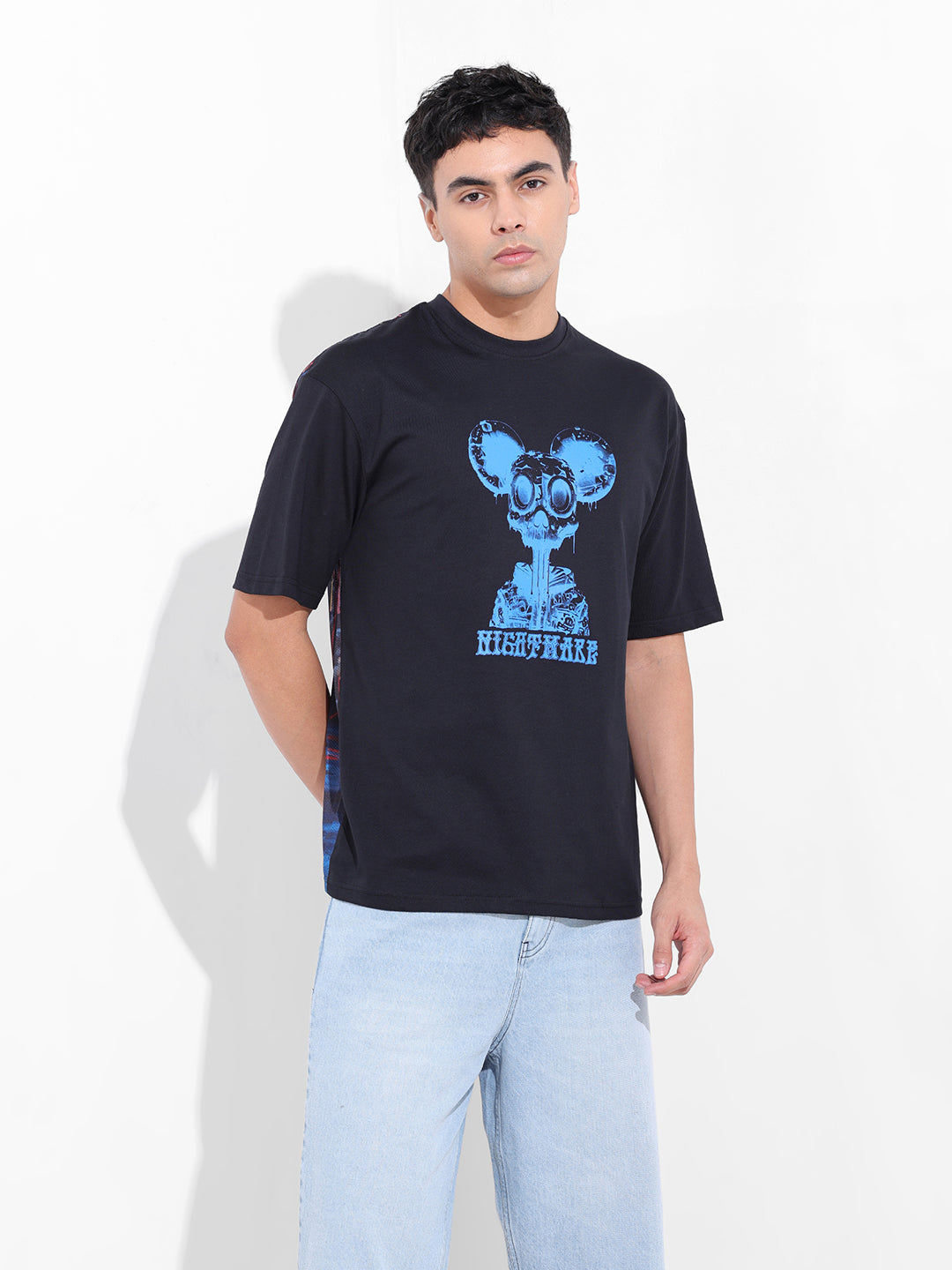 Men's Black Boxy Oversized Graphic Back Printed Round Neck T-shirt