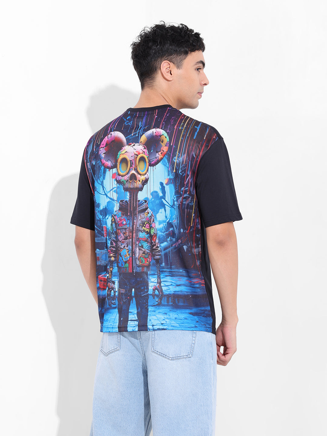 Men's Black Boxy Oversized Graphic Back Printed Round Neck T-shirt