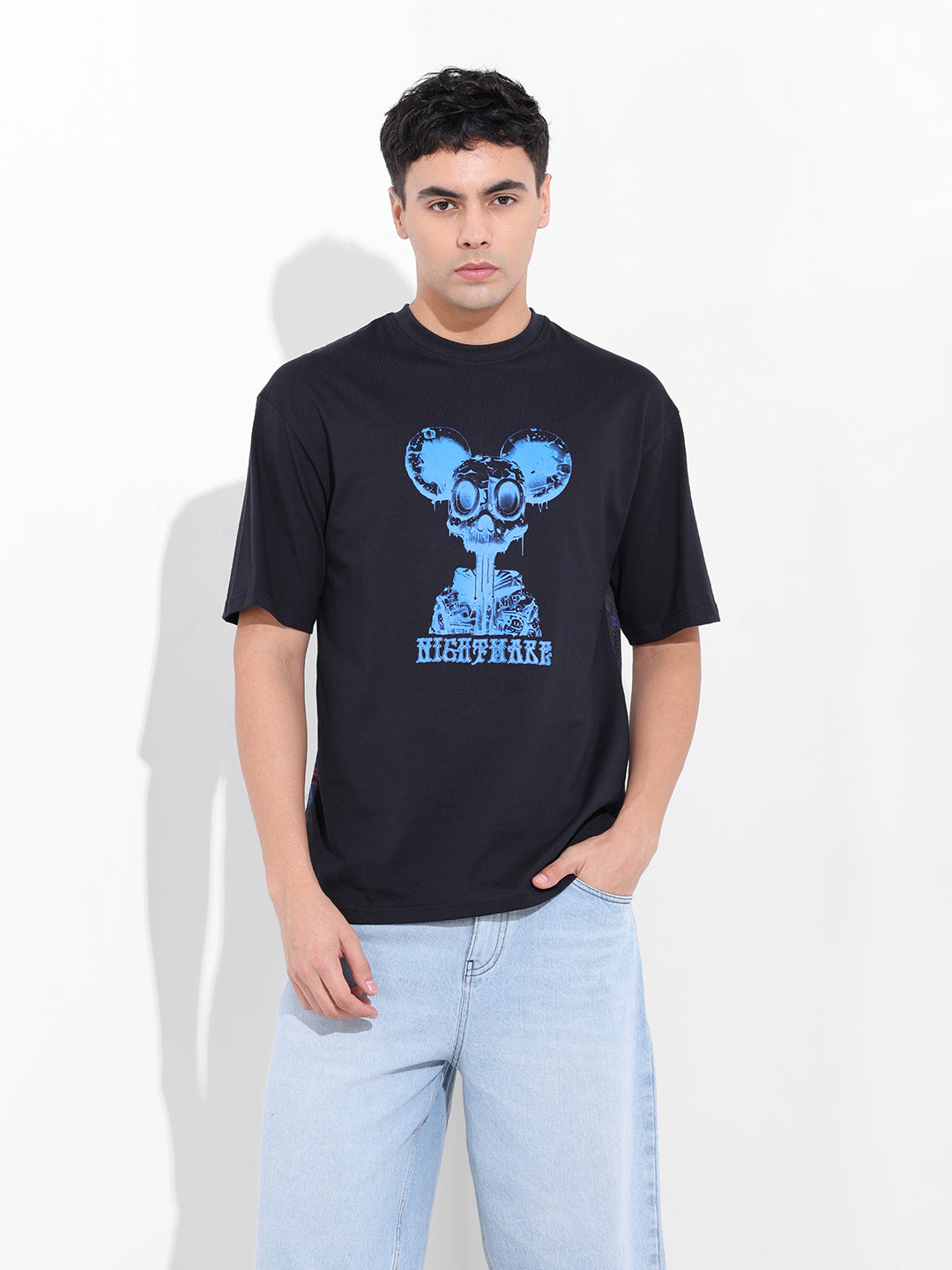 Men's Black Boxy Oversized Graphic Back Printed Round Neck T-shirt