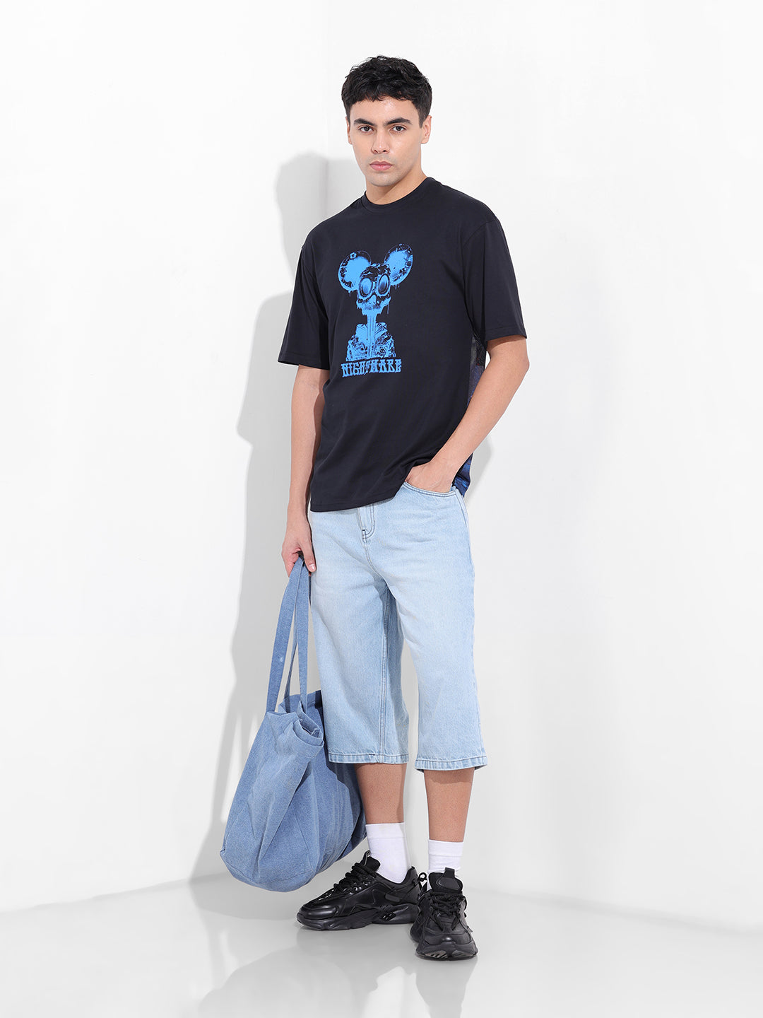 Men's Black Boxy Oversized Graphic Back Printed Round Neck T-shirt