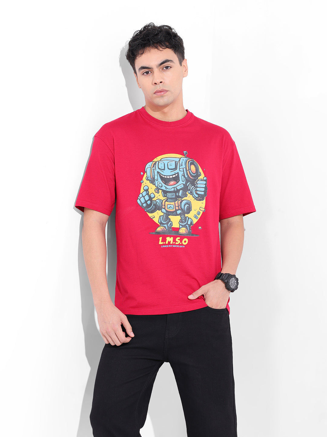 Men's Red Boxy Oversized Placement Print Round Neck T-shirt