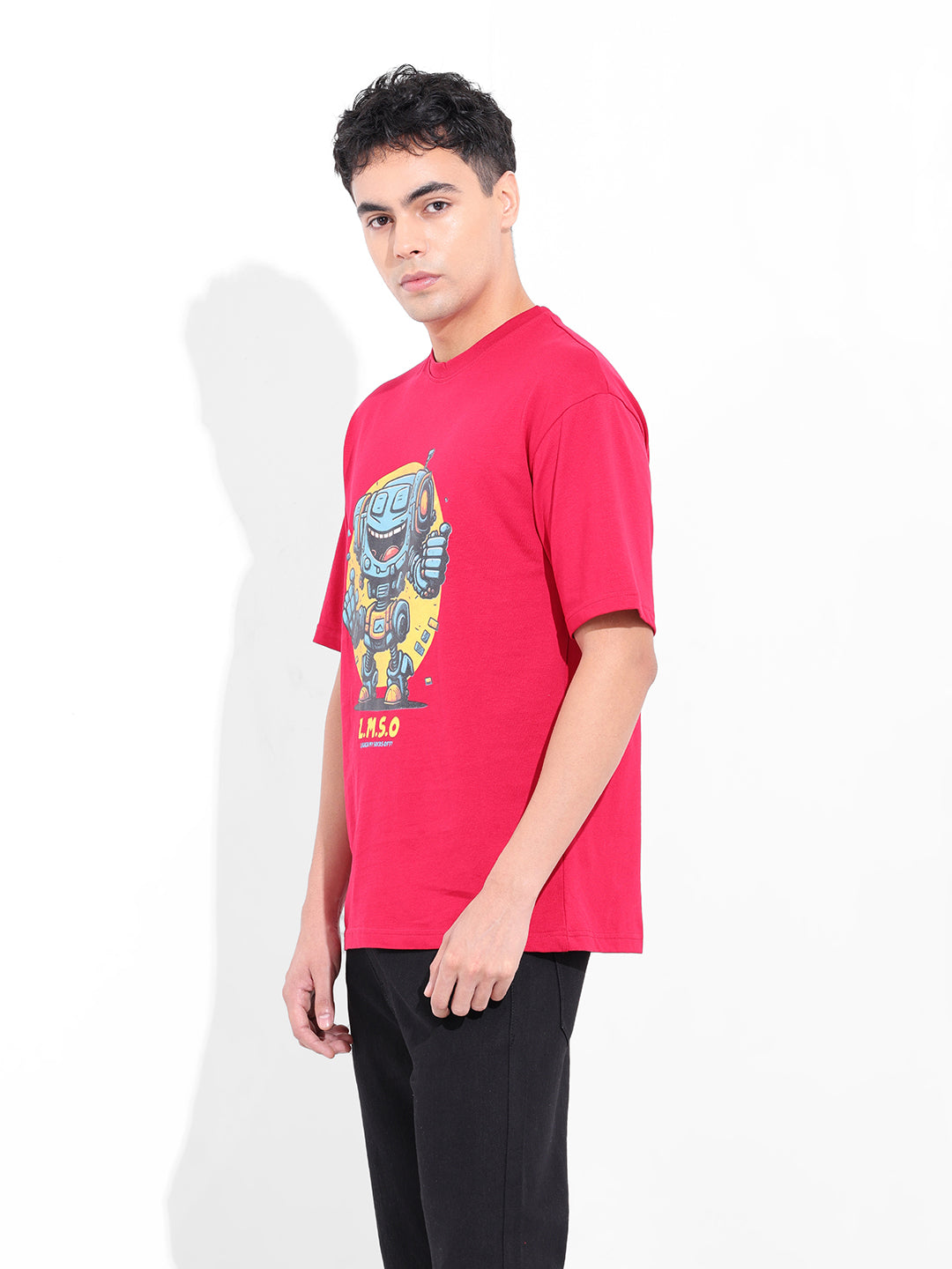 Men's Red Boxy Oversized Placement Print Round Neck T-shirt