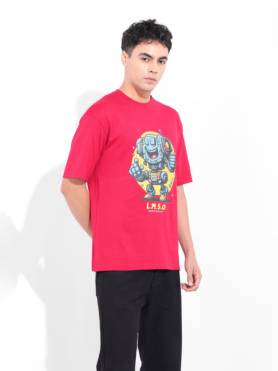 Men's Red Boxy Oversized Placement Print Round Neck T-shirt