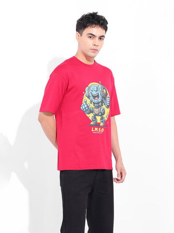 Men's Red Boxy Oversized Placement Print Round Neck T-shirt