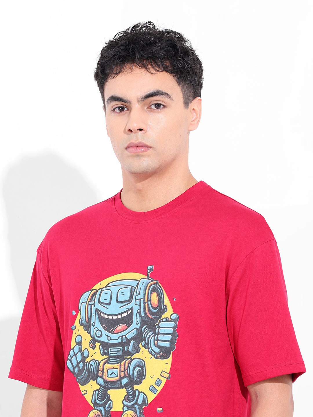 Men's Red Boxy Oversized Placement Print Round Neck T-shirt