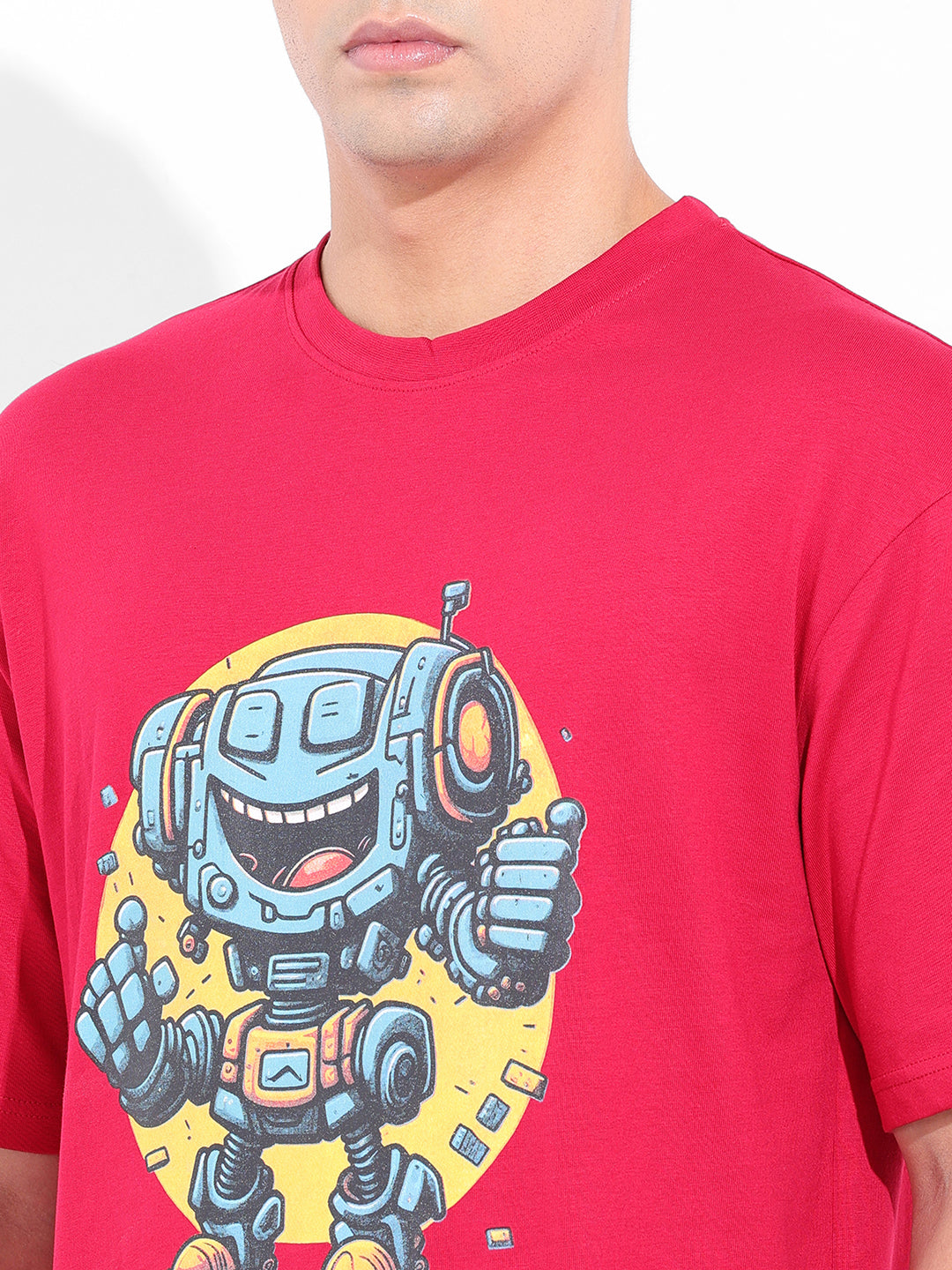 Men's Red Boxy Oversized Placement Print Round Neck T-shirt