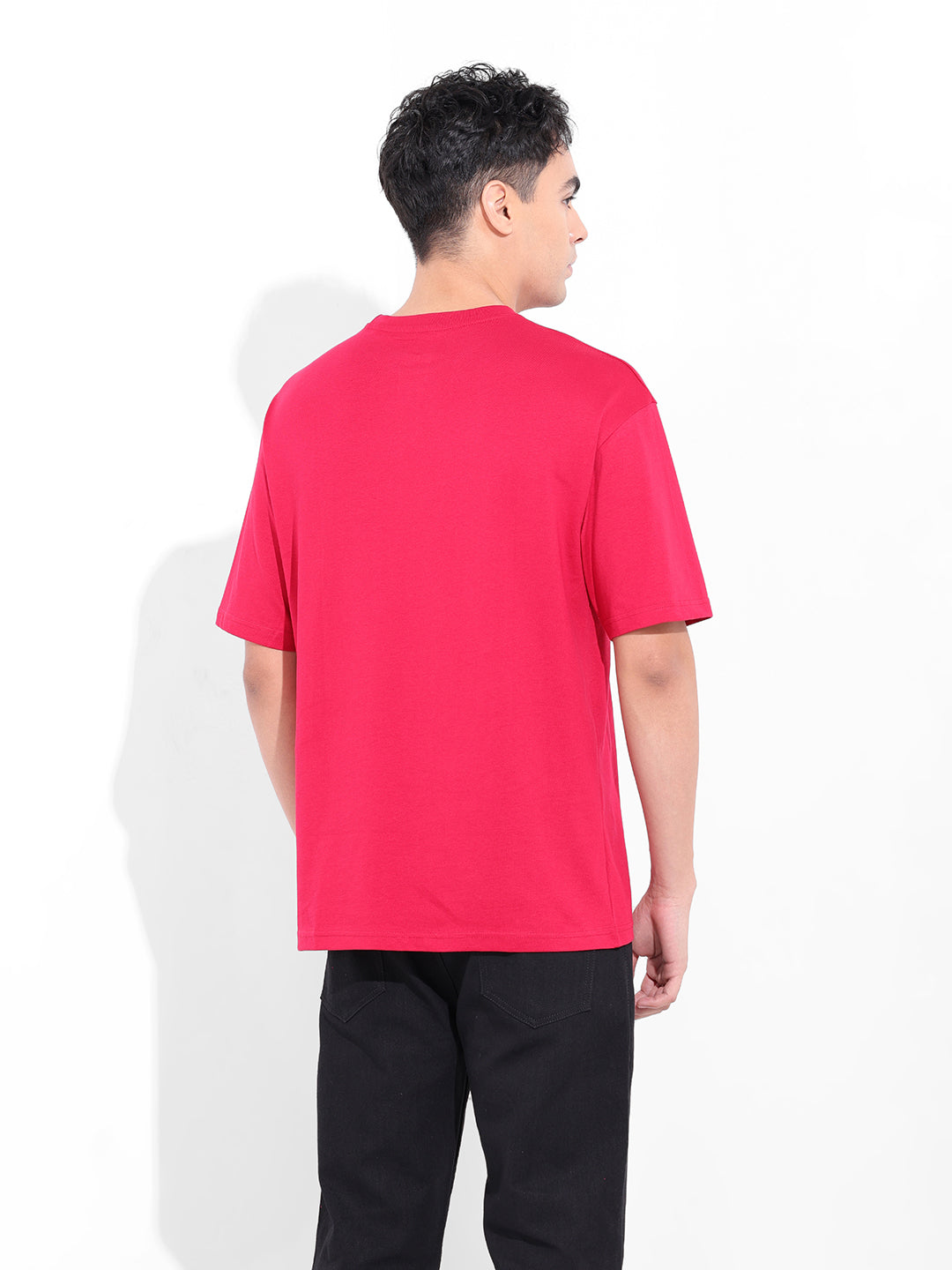 Men's Red Boxy Oversized Placement Print Round Neck T-shirt