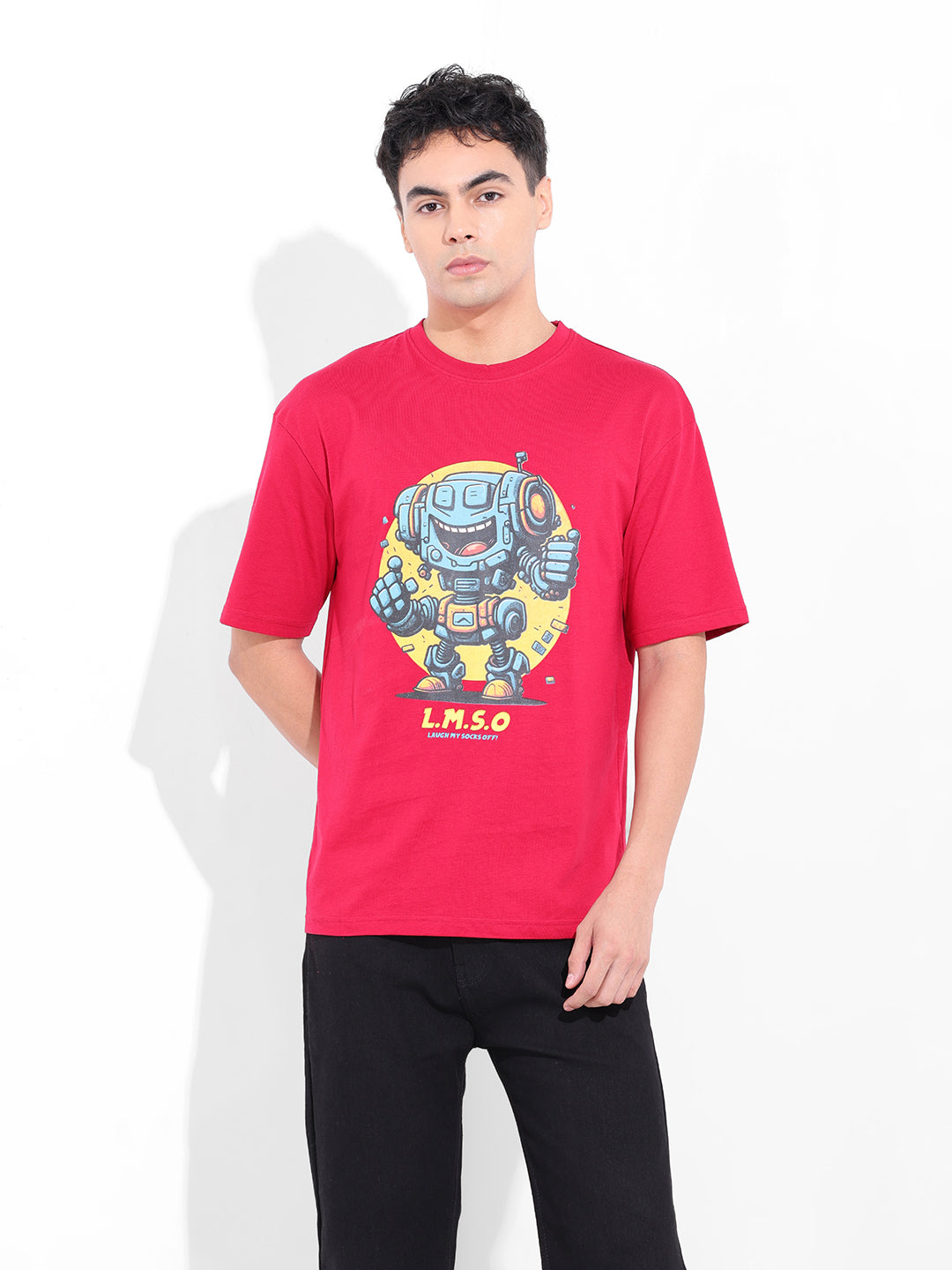 Men's Red Boxy Oversized Placement Print Round Neck T-shirt