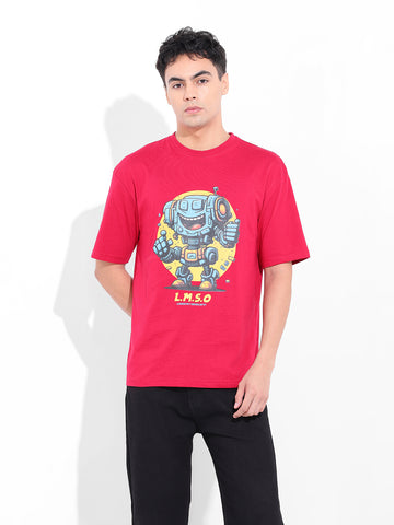 Men's Red Boxy Oversized Placement Print Round Neck T-shirt