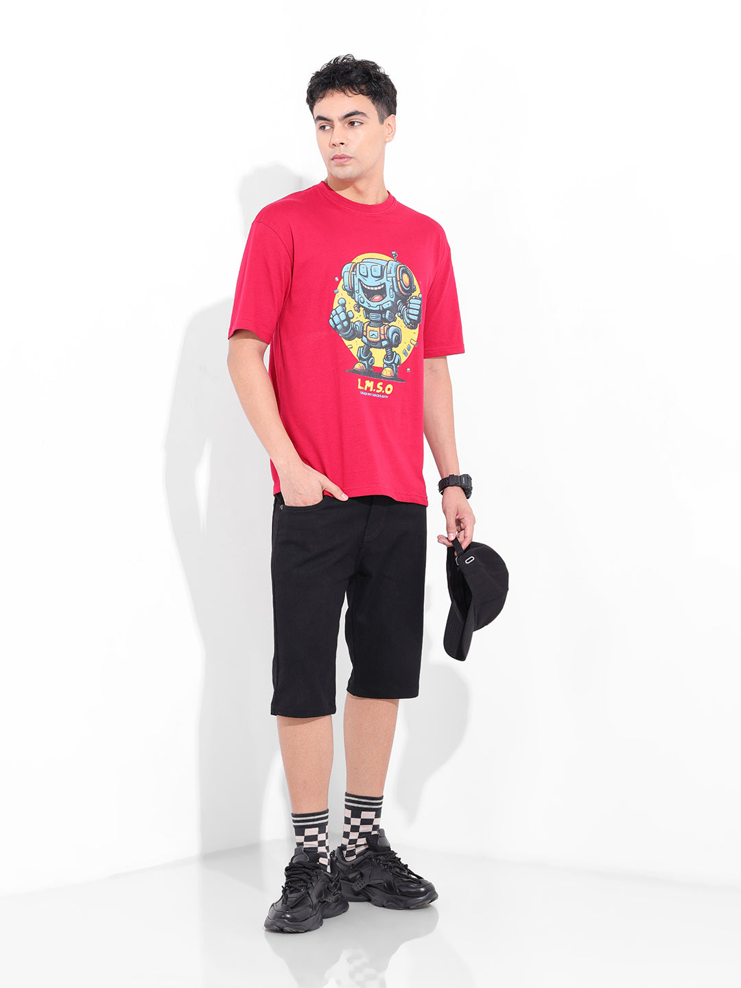 Men's Red Boxy Oversized Placement Print Round Neck T-shirt