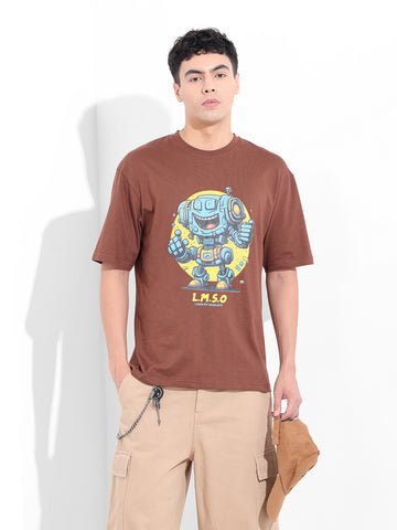 Men's Brown Boxy Oversized Placement Print Round Neck T-shirt